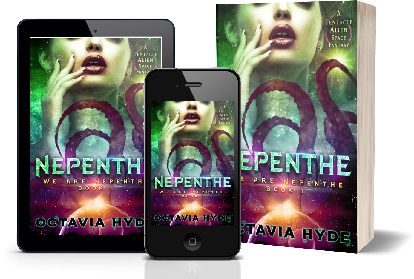 Nepenthe by Octavia Hyde, displayed in e-reader, phone, and paperback formats