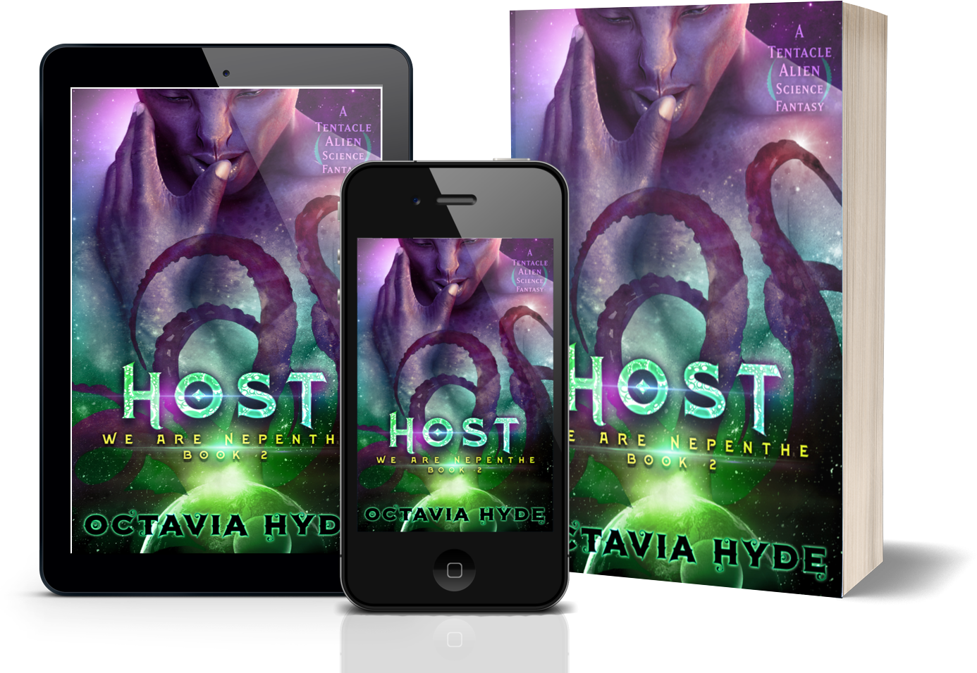 Host by Octavia Hyde, displayed in e-reader, phone, and paperback formats