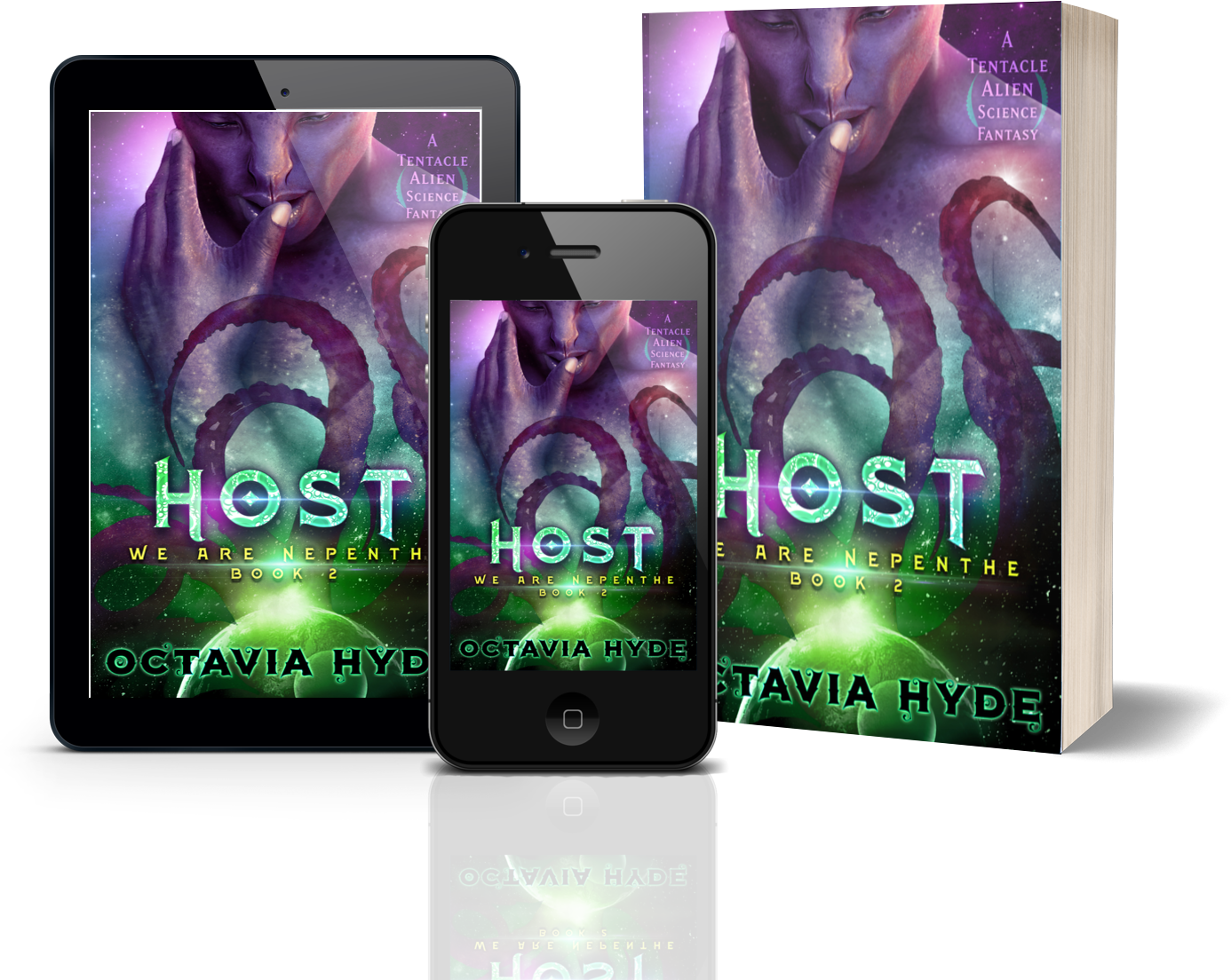 Host by Octavia Hyde, displayed in e-reader, phone, and paperback formats
